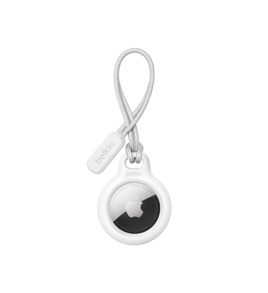 De witte Belkin-houder met bandje en vergrendeling houdt je AirTag veilig op z’n plek. Het bandje bevestig je snel aan allerlei spullen.