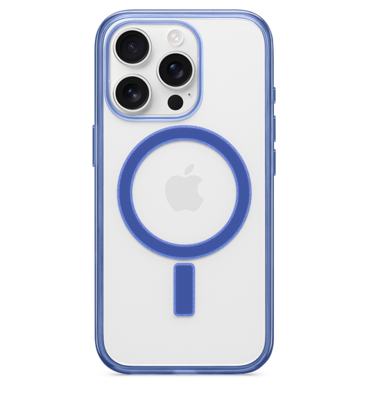 Transparant Otterbox Lumen-hoesje voor iPhone 16 Pro, achterkant, doorzichtig design met blauwe accenten aan de rand van de iPhone en in het midden rondom de MagSafe-magneet en het Apple logo, bevestigd op een iPhone 16 Pro in wit titanium.