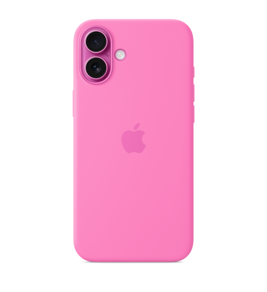 Siliconenhoesje met MagSafe voor iPhone 16 Plus in de kleur pioenroze, geïntegreerd Apple logo in het midden, bevestigd op een iPhone 16 Plus in de kleur roze, die zichtbaar is door de uitsparing voor de camera’s.