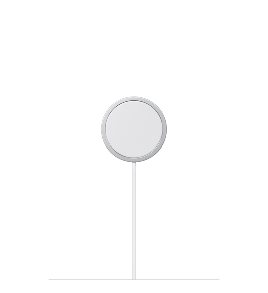 MagSafe-oplader, rond wit laadoppervlak aan de binnenkant met een grijze ring aan de buitenkant, geïntegreerde witte geweven kabel.