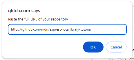 Glitch-Popup zur Eingabe der URL des GitHub-Repos zum Importieren